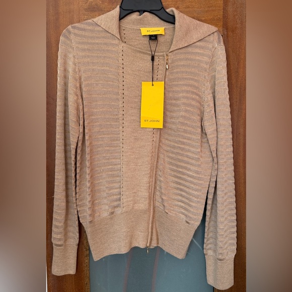St. John Women’s Neutral Dark Camel Wool Blend Zip Up Cardigan NWT Small